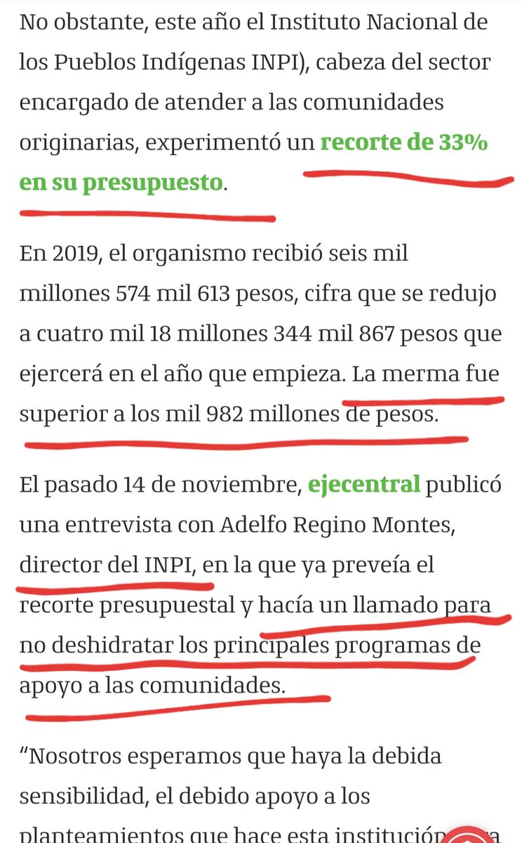 Continúa...Al final, el recorte quedó en 33% (foto 3), la disminución fué de casi $100 millones de dólares.Es decir, a los indígenas en 2020, se les destina un presupuesto de apenas $200 millones de dólares!Cómo % del PIB es el más bajo de la historia reciente.Vergonzoso.9/