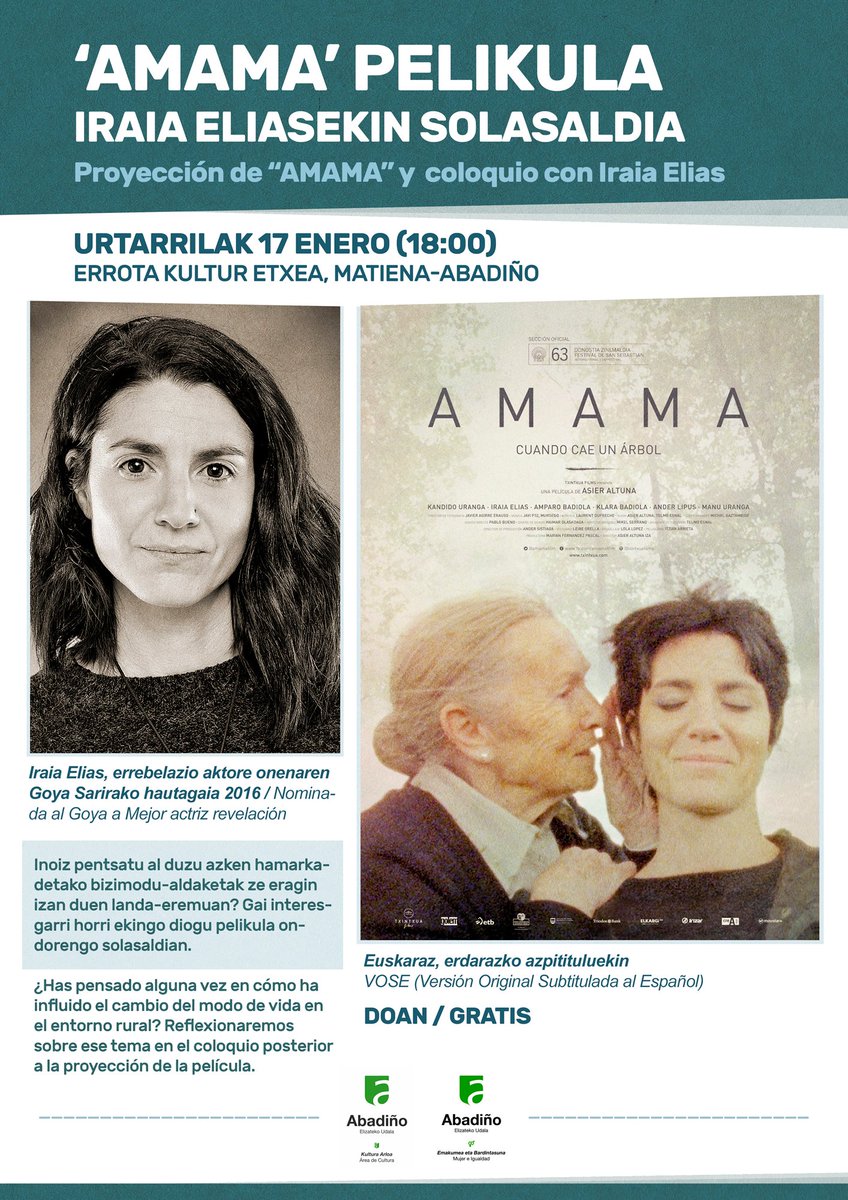 LeireMilikua's tweet photo. 🗓️ Urtarrilak 17 de enero
⏰18:00
📌Errota Kultur-etxea, Matiena #Abadiño
📽️ 'AMAMA' pelikula + solasaldia 🎙️ (#IraiaElias)
Landa-eremuaren inguruko hausnarketak herrigunera ekarriko ditugu, #erdu! Vamos a traer las reflexiones de lo rural 🌿 al ámbito urbano 🤔 #animatu! https://t.co/3aXGhi9BO6