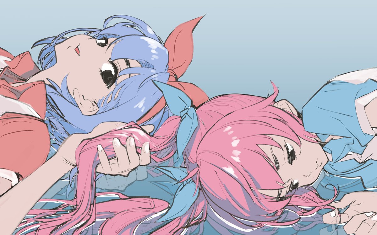 multiple girls 2girls pink hair blue hair long hair lying bow hairband  illustration images