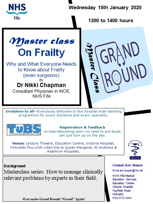AgeingWellFife's tweet photo. What better way to update your knowledge of Frailty than a Grand Round Masterclass on the subject?

You can find all the details of this fantastic opportunity on this flyer #FallsAwareness #FallsPrevention

@nhsfife @FifeHpservice https://t.co/nZPVNeJvUi