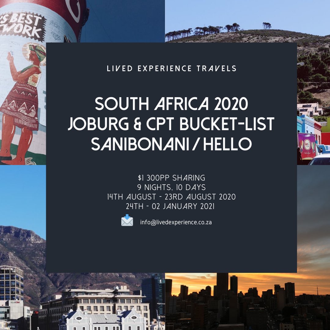Livedexperienc's tweet photo. Is South Africa on your bucket-list? 🇿🇦🌍✈️ A well curated itinerary that’s been carefully drafted for you by our team &amp; who know the best places to explore. - Johannesburg &amp; Cape Town 
#VisitSouthAfrica #WelcomeToSouthAfrica #JHB #CPT #Explore #BucketListTrip #TLETravels https://t.co/gaSKvHGM78