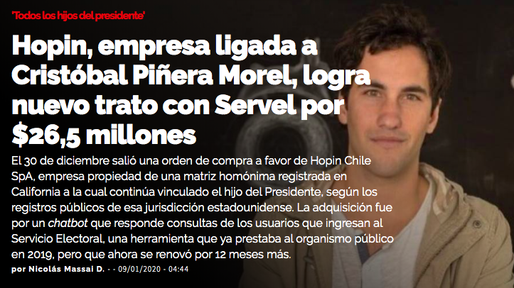 InterferenciaCL's tweet photo. El 30 de diciembre salió una orden de compra a favor de Hopin Chile SpA, empresa propiedad de una matriz homónima registrada en California a la cual continúa vinculado el hijo del Presidente, según los registros públicos de esa jurisdicción estadounidense. https://t.co/1Nofk9Cnrt https://t.co/mIsnr4rK58