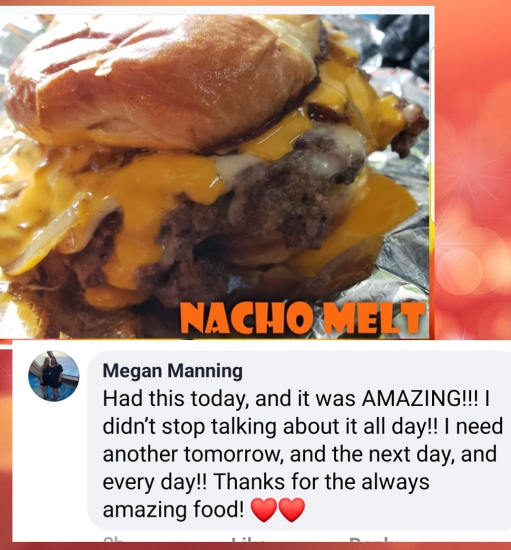 Megan enjoyed a Nacho Melt yesterday!! 😋
Thank you Megan!!!❤ 
We can't wait to cook up another one for you!!😁

#ChompzCraftBurgers #OneStopChomp #YouShowUpWeFillYourBelly #ChompzCraftBurgersMakinAComeBack