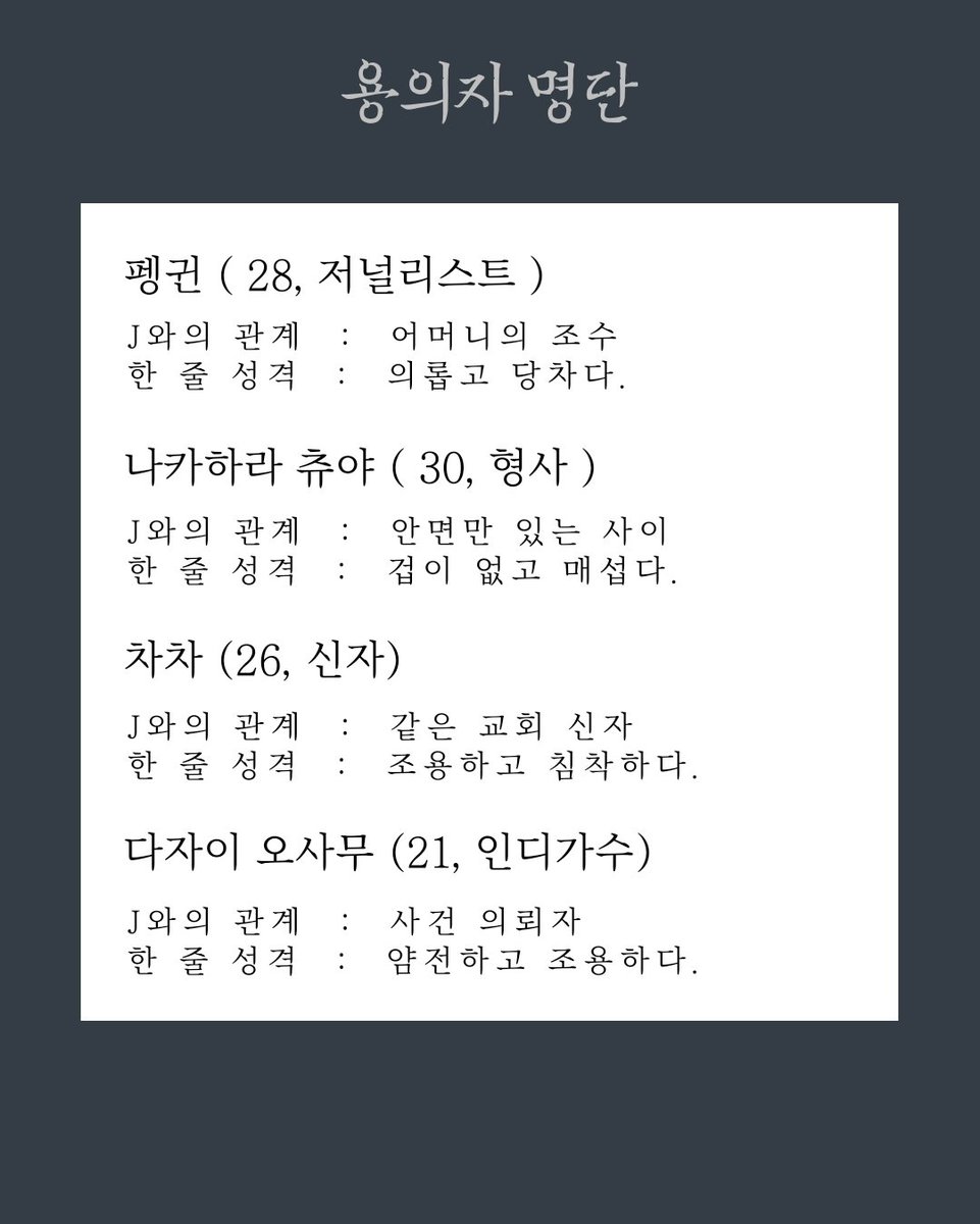 nmmt___'s tweet image. 🕵🏻‍♀️ 범인은 누구일까! 🕵🏻‍♀️

🥂[용의자 명단] 을 공개합니다.🥂
