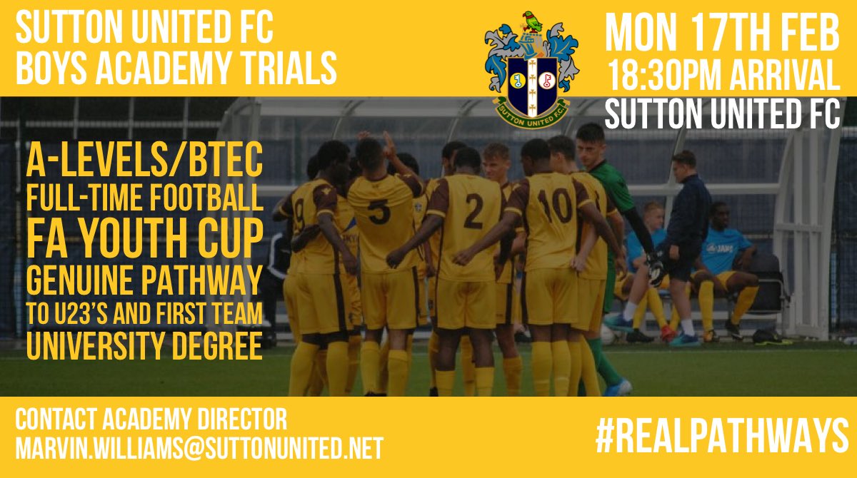 suttonunited's tweet image. After January’s successful trials @sutton_academy have announced a new trial date in February.⚽️

Contact academy director Marvin.Williams@SuttonUnited.net

#RealPathways #Suttonunited
