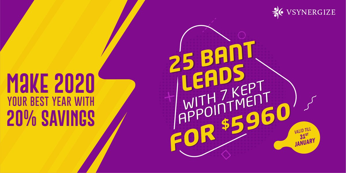 Vsynergize_'s tweet photo. Put your #2020 #MarketingPlan into action! Start your trial with 25 BANT leads+7 Kept Appointments for a Month just for $5960. Customize your #offer - https://t.co/MhMgkIGcb3
#BANTLeads #QualifiedLeads #Appointments #leadgeneration #B2BMarketer #2020Offer #Leadgeneration #Sales https://t.co/F3tAwkwOE5