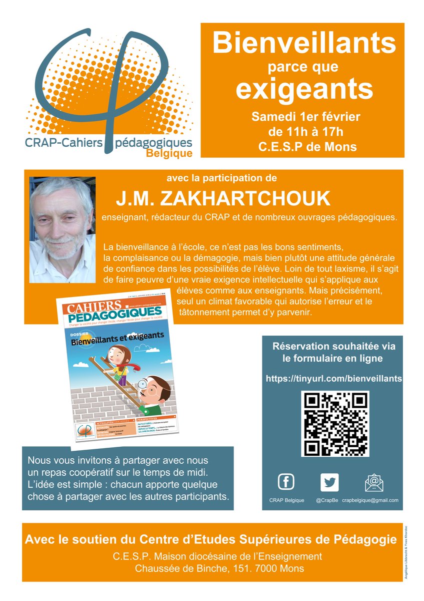 crap_be's tweet photo. SAMEDI 1er FEVRIER. Notre 3e rencontre porte sur la bienveillance et l'exigence en classe. Un seul lien pour y participer : https://t.co/lfvPkbCiUm ATTENTION : nous vous proposons un repas coopératif. L'idée est que chacun amène ce qu'il souhaite partager avec les autres. https://t.co/KFeAFJcKnQ