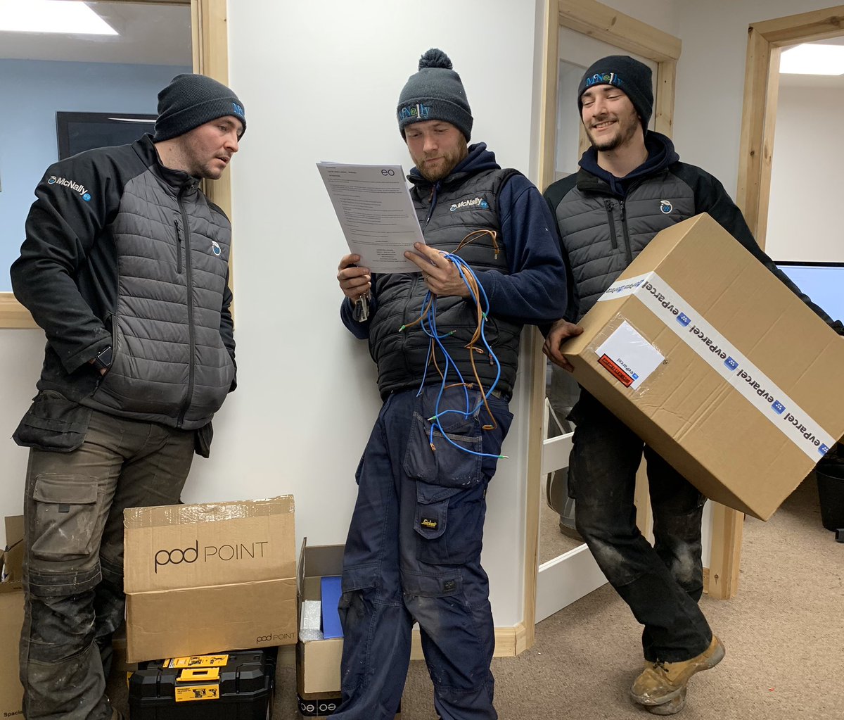 McNallyEV's tweet photo. When a few of the McNally team come in to discuss tomorrow’s installs! #DreamTeam #BusyBusyBusy #EoMiniPro #PodPoint #YorkshireLads #WorkWorkWork 👌🏻 #TopTeam https://t.co/4vYTwNMg4u