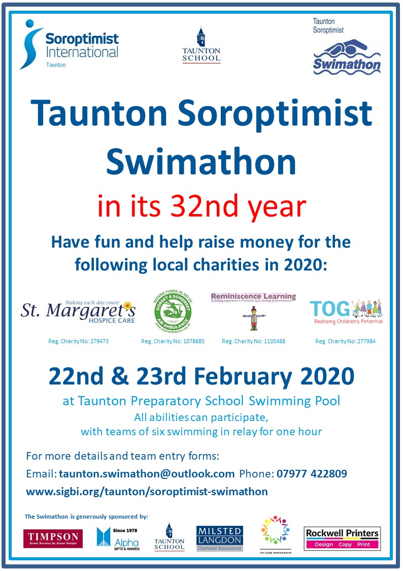 Join us in making the 32nd #Taunton #Soroptimist #Swimathon bigger and better and help raise vital funds to support <a href="/st_marg/">St Margaret's Hospice Care</a> <a href="/RemLearning/">Reminiscence Learning</a> <a href="/dsairambulance/">Dorset and Somerset Air Ambulance (DSAA)</a> and TOG.  Details and entry forms at: sigbi.org/taunton/soropt…