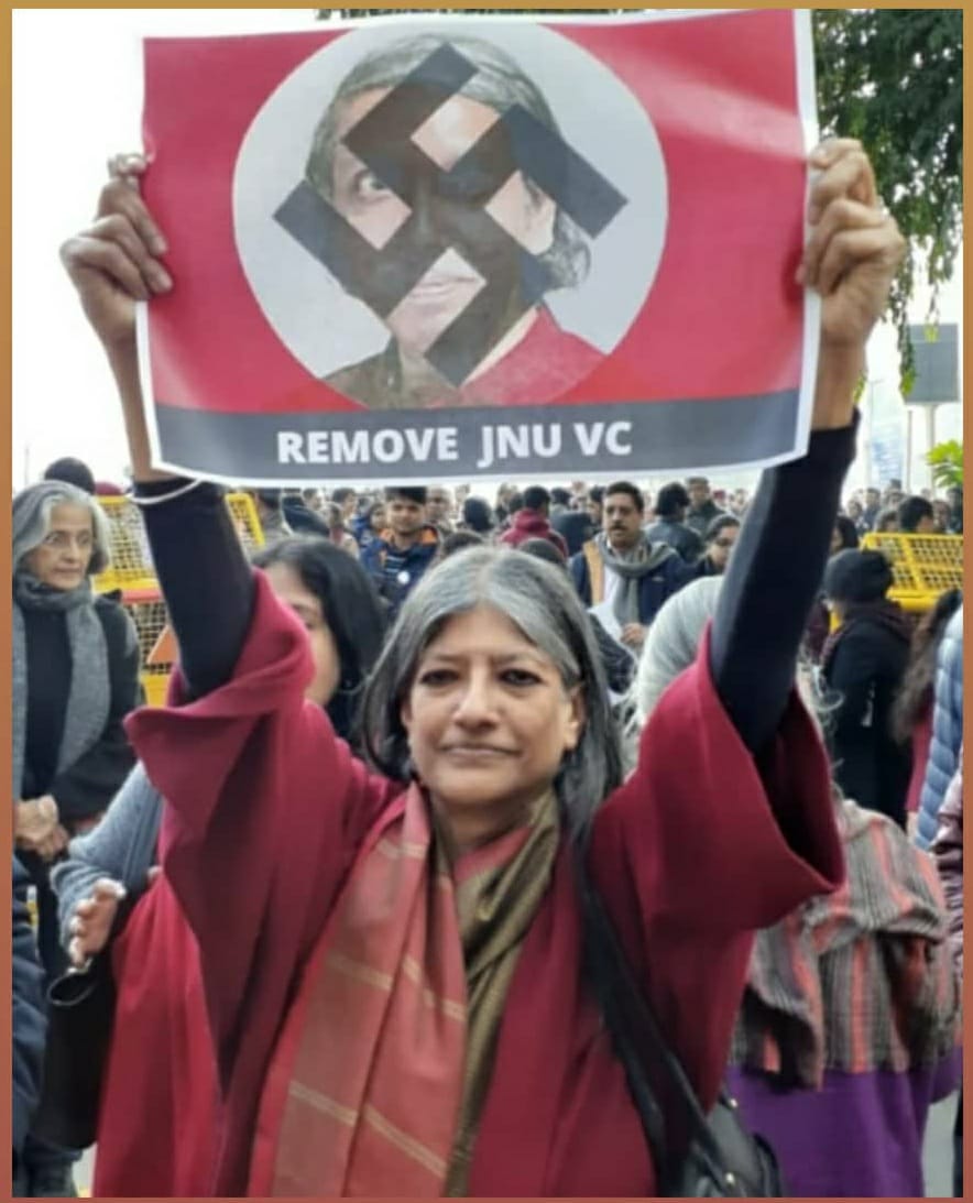 subindennis's tweet photo. What an awesome sight! JNU professors Prabhat Patnaik and Jayati Ghosh, both renowned economists, at today's march by JNU students & teachers. The march demanded the removal of the JNU Vice-Chancellor, whose only mission is to destroy the university.
#RemoveJNUVC
#VCHatao https://t.co/513sTkWDJL