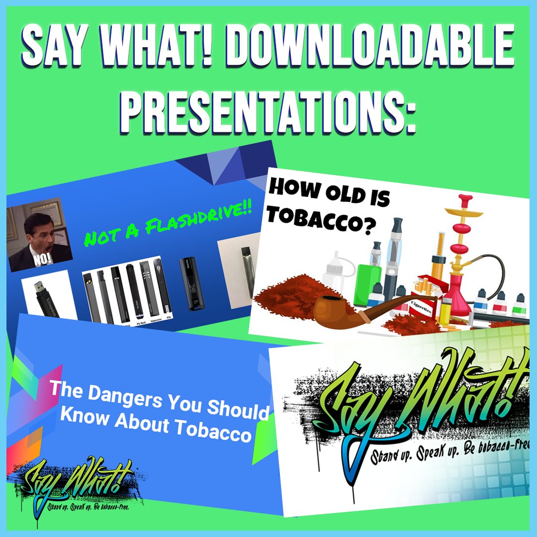 TxSayWhat's tweet photo. Download a Say What! presentation today to help educate your peers about the dangers of tobacco products! You can request the PowerPoints here: https://t.co/fxZV1iF32W #TobaccoFree2020 #LiveTheLife #LiveTobaccoFree #BeTheFirst #TobaccoFreeGeneration #NotTheNextVictim https://t.co/AKrO5b6whp