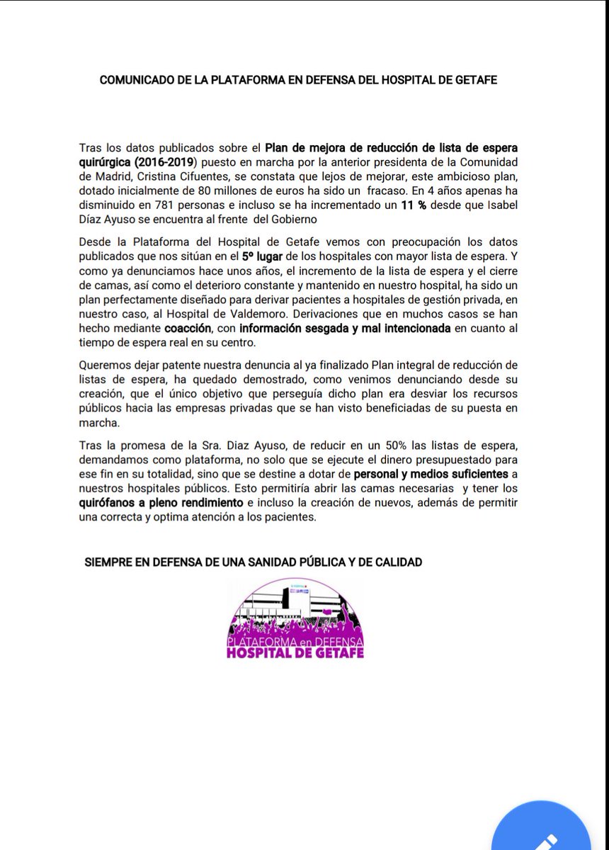 PlatHospGetafe's tweet photo. Comunicado de la plataforma tras publicarse los datos del Plan de mejora de reducción de lista de espera quirúrgica, donde nuestro hospital está entre los que tienen mayor lista de espera (5°).Exigimos una #SaludPública de calidad https://t.co/WUEubkeF8a