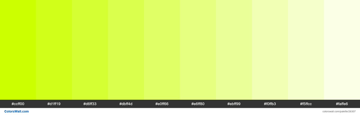 colorswall's tweet photo. Tints of Electric Lime color #CCFF00 hex #ccff00, #d1ff19, #d6ff33, #dbff4d, #e0ff66, #e6ff80, #ebff99, #f0ffb3, #f5ffcc, #faffe6 #colors #palette https://t.co/4oihkhkcme https://t.co/jMUpIWZ6nh