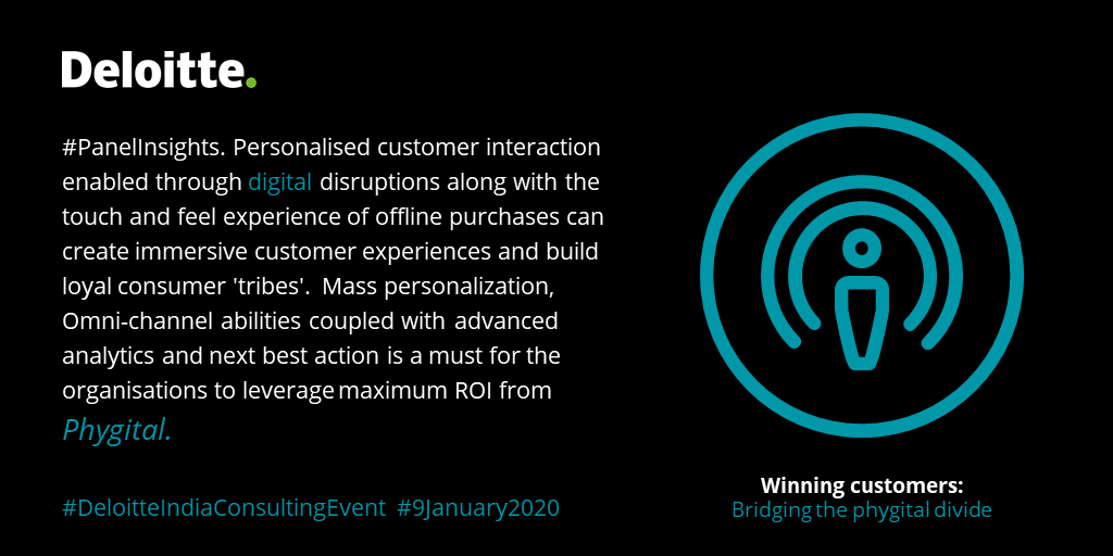 DeloitteIndia's tweet image. Leaders share thoughts during panel discussion on ‘Winning Customers: Bridging the Phygital Divide.’ #ArtificialIntelligence #AugmentedWorkforce #DeloitteIndiaConsultingEvent #9January2020. @RomalShetty @anandbhadkamkar @ganeshk03