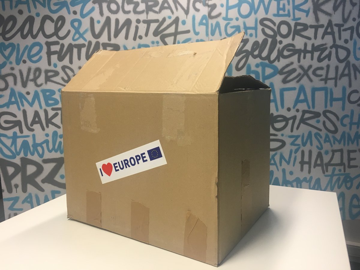 box with 'I love Europe' sticker
