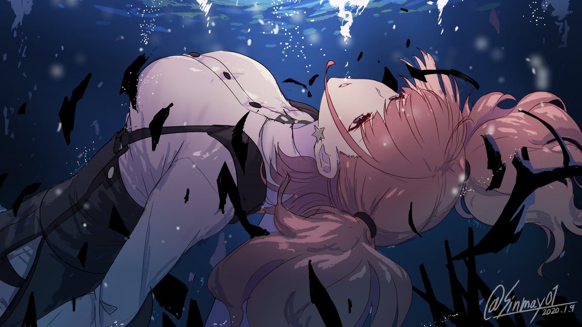 atlanta (kancolle) 1girl long hair breasts brown hair underwater solo skirt  illustration images