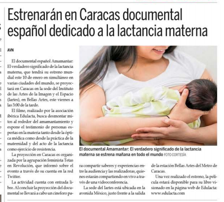 MppsAragua's tweet photo. #9Ene Estrenaran en Caracas documental  español dedicado a la lactancia materna @NicolasMaduro @RMarcoTorres @juandavila01 #DiplomaciaIntegraciónYPaz https://t.co/p74cILTTMJ