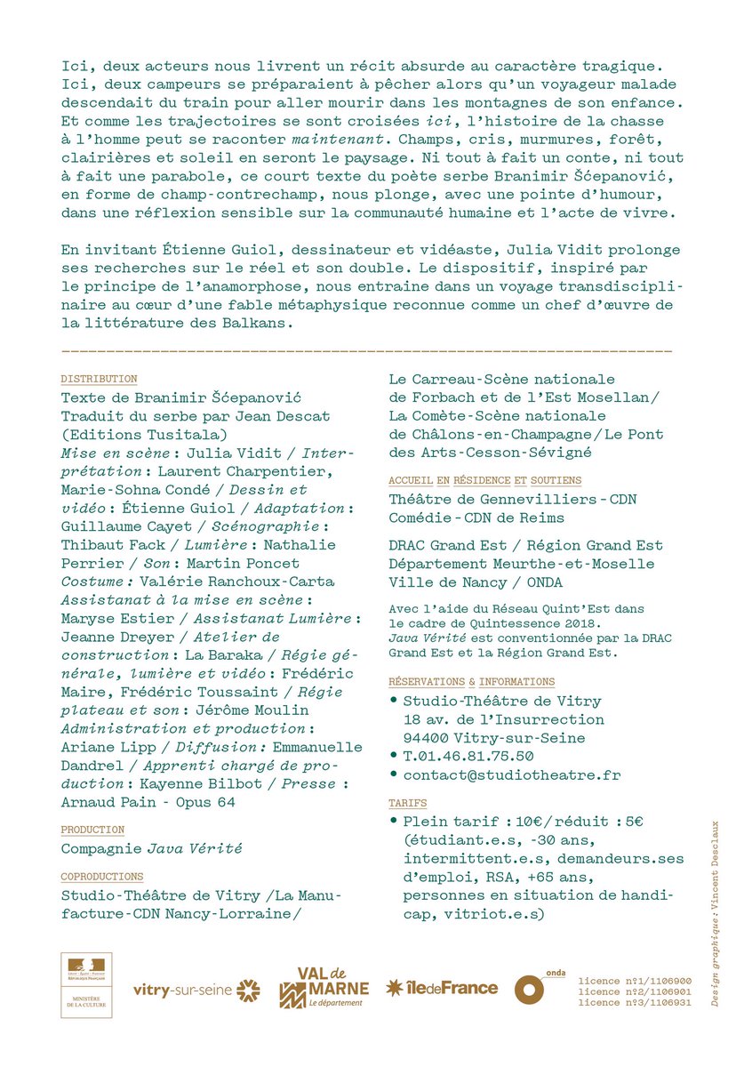 «La Bouche pleine de terre» de Branimir Šćepanović et mis en scène par Julia Vidit c’est du 17 au 20 janvier ✨

«Maintenant tout lui semblait à la fois plus beau et plus réel, et il ne lui venait pas un instant à l’esprit que quelqu’un pût lui vouloir du mal.»

©Vincent Desclaux