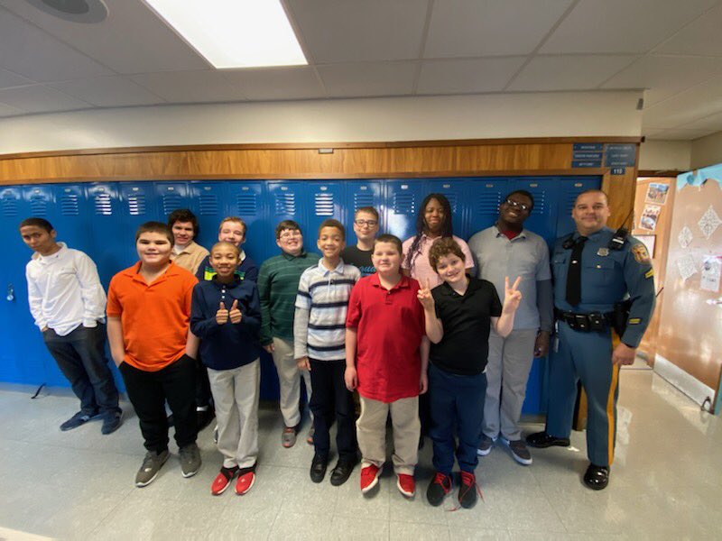 Our students said thank you to  Cpl. Kristunas on National Law Enforcement Day for all that he does! ⭐️ 🚔 👮🏼‍♀️ <a href="/DEStatePolice/">Delaware State Police</a> <a href="/RedClaySchools/">Red Clay Consolidated School District</a> <a href="/SkylineJaguars/">Skyline Middle</a> #SRO #holdingdownthefort <a href="/RCPublicSafety/">Red Clay Public Safety</a> #inclusionisbest