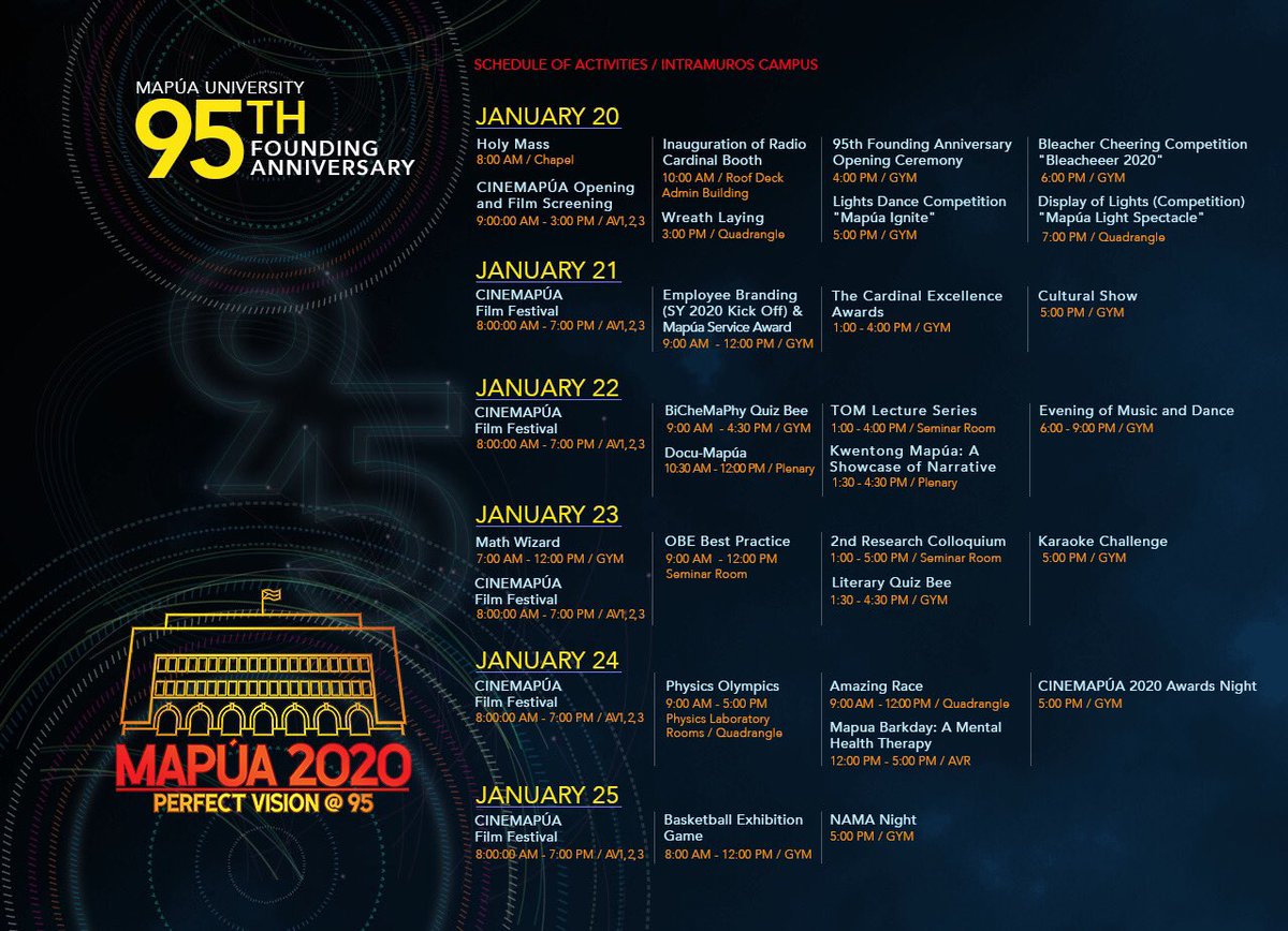 mapuaunivsms's tweet photo. SCHEDULE OF EVENTS
Mapúa University’s 95th Founding Anniversary 
“Perfect Vision @ 95
January 20-25, 2020

Join us as we celebrate the vision of Mapúa University in delivering education for the global and digital age, with festive and eye-catching events.

#Mapúa2020 https://t.co/QlUFiHvqf2