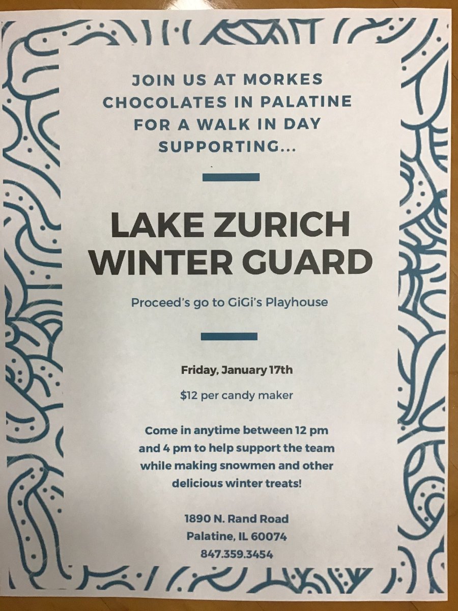 LZHSColorGuard's tweet image. Come to Morkes Chocolates in Palatine for a walk in day on January 17th from 12-4 pm. Help LZHS winter guard support Gigi’s playhouse and make delicious chocolate treats. No flyer needed, only $12 to get in.  Enjoy making treats like a chocolate snowman and so much more.