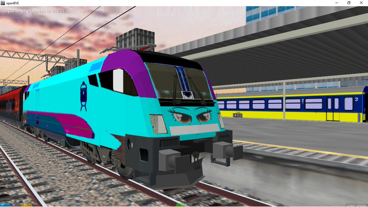 MLP_Trackthesia's tweet photo. *After sunrise, Trackthesia decided to go for a run around Railquestria. She hadn't used her wheels very often after she got wings. She even collected 7 red Railjet cars (which you see behind her).* https://t.co/tE6mRYo9Zh