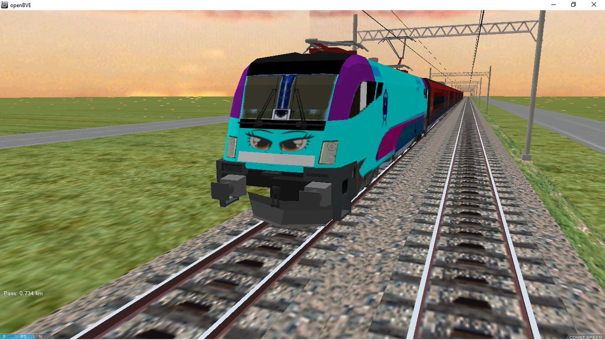 MLP_Trackthesia's tweet photo. *After sunrise, Trackthesia decided to go for a run around Railquestria. She hadn't used her wheels very often after she got wings. She even collected 7 red Railjet cars (which you see behind her).* https://t.co/tE6mRYo9Zh