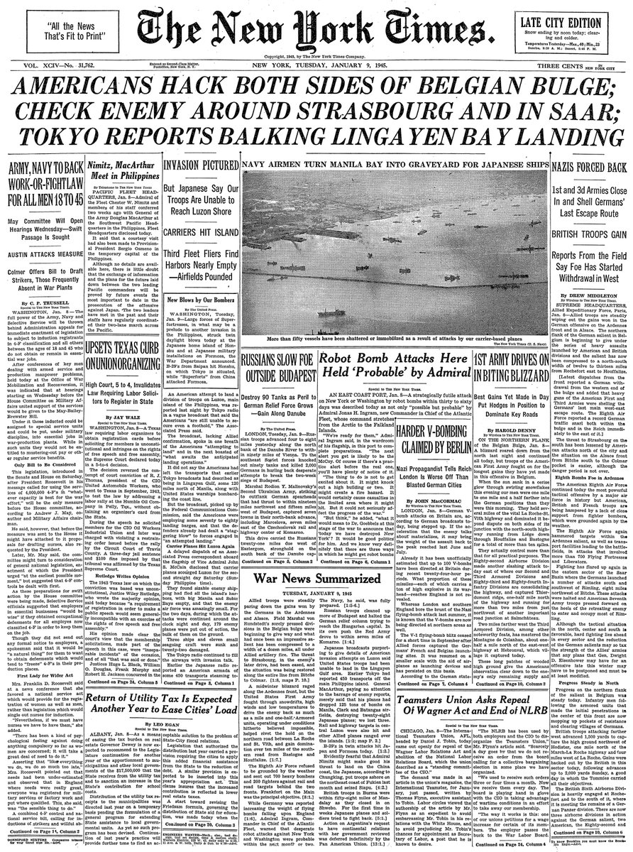 Jan. 9, 1945: Americans Hack Both Sides of Belgian Bulge; Check Enemy Around Strasbourg and in Saar; Tokyo Reports Balking Lingayen Bay Landing  https://nyti.ms/35A5KXa 