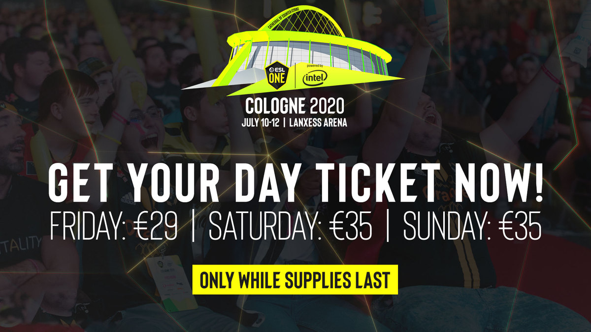 ESLCS's tweet photo. Individual day tickets for #ESLOne Cologne are still available. For now... 👀

🎟️ https://t.co/bMN075gh5m https://t.co/aps27XLyP4