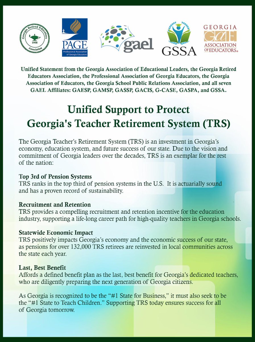 gaelassoc's tweet photo. Retweet if you want to thank our state leaders for standing behind teachers and @TRSGeorgia! #GAELSTRONG @GASSP @GCASE2 @GeorgiaRetired @GAESPrincipals @GAMSPrincipals @GACIS1971 @GASPA_HR @jzauner1 @PAGE_ednews @GSBAcomm https://t.co/c0qeXGT1jv https://t.co/I2JR3GEiKY