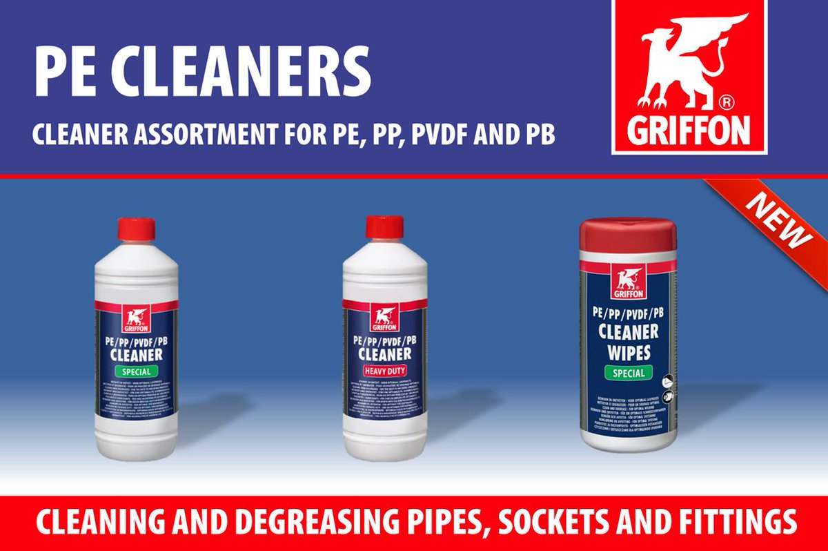 We have available a range of Griffon PE Cleaners and Wipes for PE, PP, PVDF and PB. Liquid and wipes for cleaning and degreasing pipes, sockets and fittings.

Please click the link for more information: bit.ly/2QAMd4C

geoquipwatersolutions.com/pe-cleaners-an…