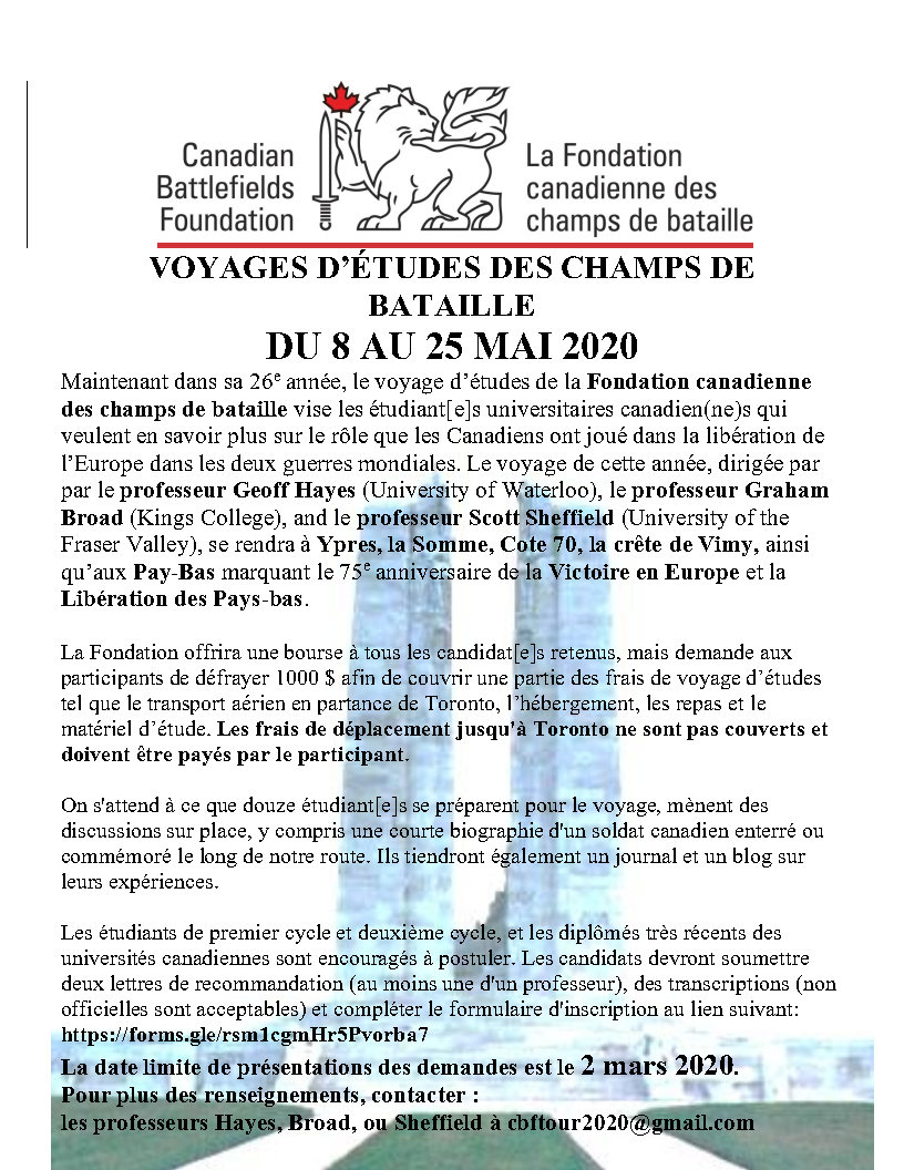 Le voyage d'étude des étudiants de cette année accepte maintenant les candidatures! Rejoignez-nous pour un voyage fascinant sur les champs de bataille de la Première Guerre mondiale en France et en Belgique, suivi d'une visite aux Pays-Bas #cbf2020