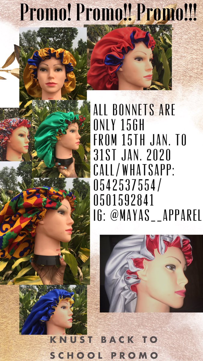 Promo! Promo!! Promo!!!
All our bonnets are only @15gh from 15th Jan to 31st Jan. 2020.
Don’t miss out on this sale. Order for yours sweetheart ❤️
Follow and dm @mayas__apparel to purchase.
Please RT. You have my customers 🙏🏽
#satinbonnets #bonnetsforsale #bonnets #hairprotector