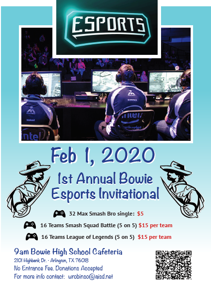 Join us for our 1st <a href="/JamesBowieHS/">Bowie High School</a> eSports invitational on Saturday, February 1st! We will compete in SSBU 1v1, 5V5 squad matches, &amp; LoL. See info below &amp; sign up here: forms.gle/dC78qN33kmzmAS…
The first 32 singles players and 16 teams for SSBU plus the 16 teams for LoL get in!