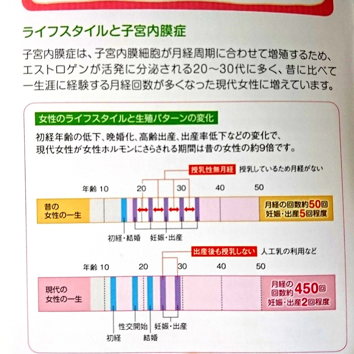 まみ 双子育児垢 5歳 産婦人科で子宮内膜症についての冊子をもらった 昔の人は一生で経験する生理の回数が50回だって それに比べて現代の女性がは450回 それだけ生理を繰り返して 女性ホルモンがたくさん出たら 筋腫や内膜症になるわよね