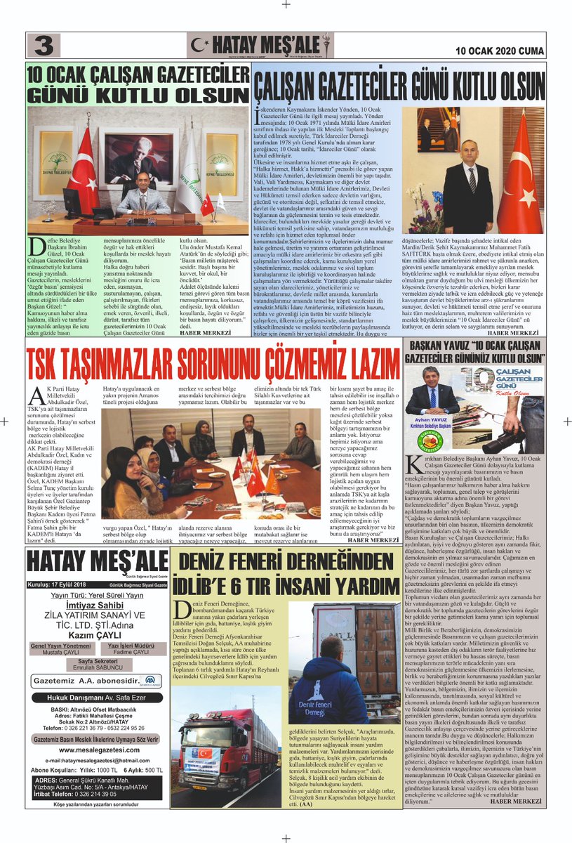 CAYLIKAZIM's tweet photo. 10/01/2020 HATAY MEŞ'ALE GAZETESİ https://t.co/wXOiMh3YSL