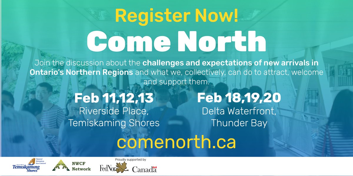 Register for free #ComeNorth #ViensAuNord #NorthernOntario Pop Growth Conf: comenorth.ca
#NorthBay #CdnImm #NewcomersToCanada #NewcomersWelcome @FNETB1 <a href="/TimminsDMC/">Timmins & District Multicultural Centre</a> <a href="/SsmFuture/">FutureSSM</a> <a href="/PNNCareers/">ProfessionsNorthNord</a> <a href="/TemShoresCity/">Temiskaming Shores</a> <a href="/LOWBIC7/">LOWBIC</a> <a href="/FedNor/">FedNor</a> <a href="/ReseauduNord/">Réseau du Nord</a> <a href="/NSWPB/">North Superior Workforce Planning Board</a> <a href="/NorthernPolicy/">Northern Policy</a> <a href="/noma_nwo/">NOMA</a>