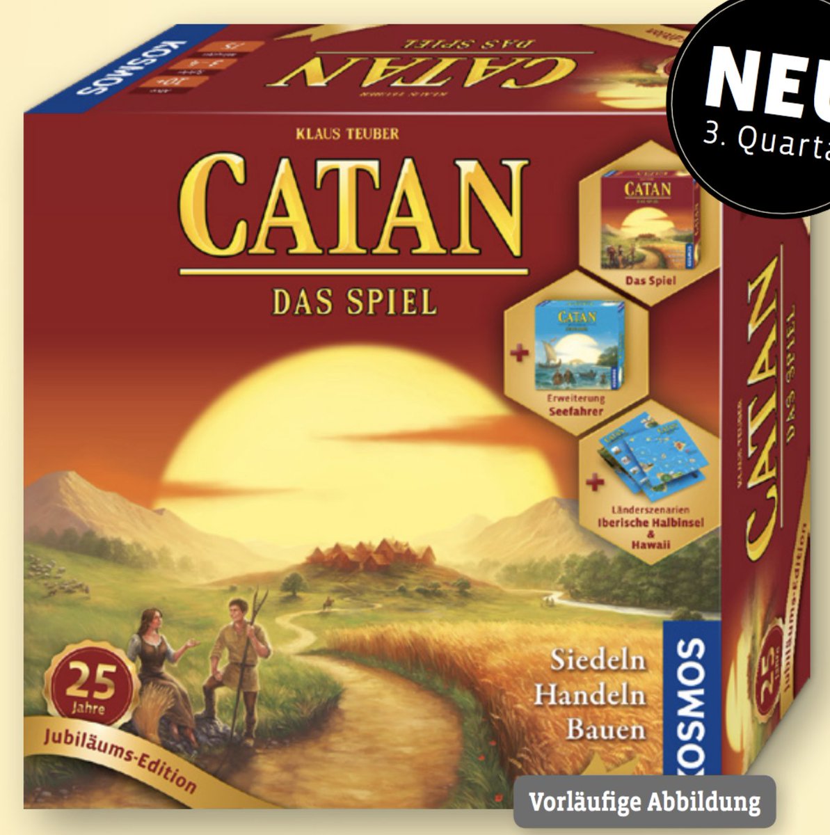 BoardGameGeek's tweet image. For Catan's 25th anniversary in 2020, German publisher @KOSMOS_Verlag will release a bundled version of the base game, the Seafarers expansion, and two scenarios: Hawaii and the Iberian Peninsula. BGG game page: boardgamegeek.com/boardgame/2982…. —WEM