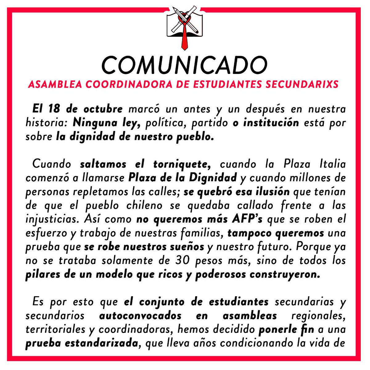 AcesChile's tweet photo. [COMUNICADO PÚBLICO]
Ante las amenazas de querellas, respondemos organizadxs, en la calle y sin miedo!
#NoMasPSU https://t.co/kTNKbvdStc