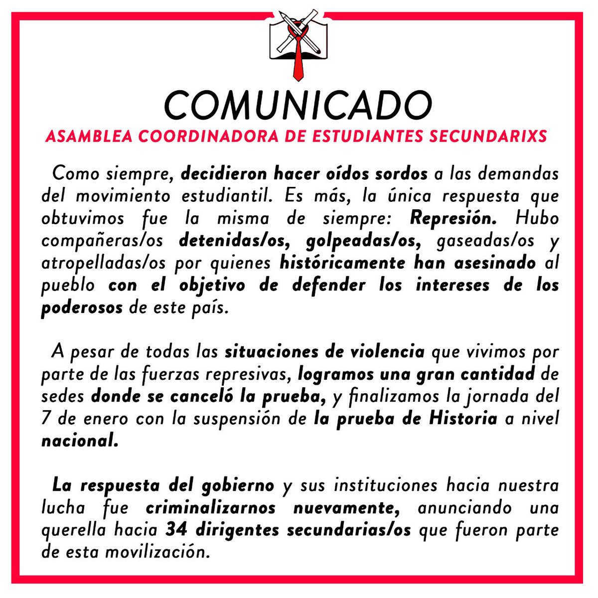 AcesChile's tweet photo. [COMUNICADO PÚBLICO]
Ante las amenazas de querellas, respondemos organizadxs, en la calle y sin miedo!
#NoMasPSU https://t.co/kTNKbvdStc