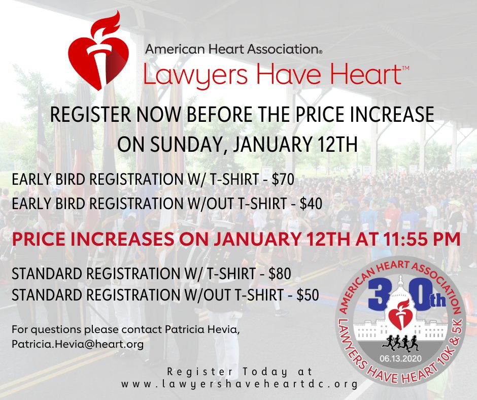 LHH10K's tweet photo. Register now for the 30th Anniversary of Lawyers Have Heart before the price increase on Sunday, January 12th! #RUNLHH #MoveMoreDC #GWRisWhy #HeartHealth https://t.co/Dc76U6Q8qV