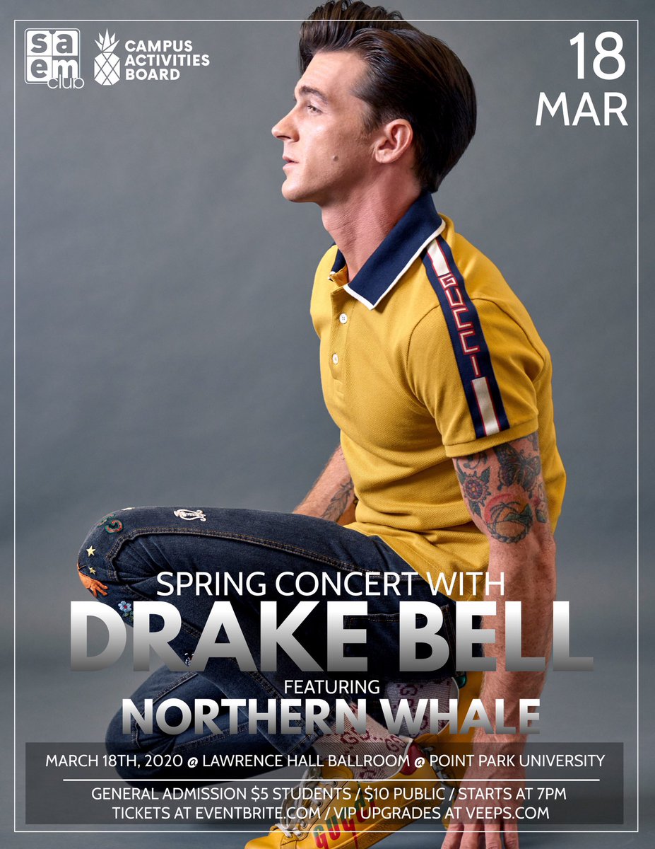 SAEMCLUBPPU's tweet photo. SAEM Club and @PointParkCAB announce @DrakeBell as our Spring Concert artist!!! Tickets go on sale today at 4pm 🎉 This is a show you will not want to miss! 

https://t.co/5i9AgUXzdx https://t.co/JBBairA05B