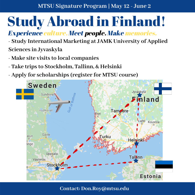 mtsumarketing's tweet photo. Can't travel to support your team? Why not travel to support your future? Scholarships are available!
#MTSUStudyAbroad #Finland #JAMK https://t.co/aNkLLNRf2S