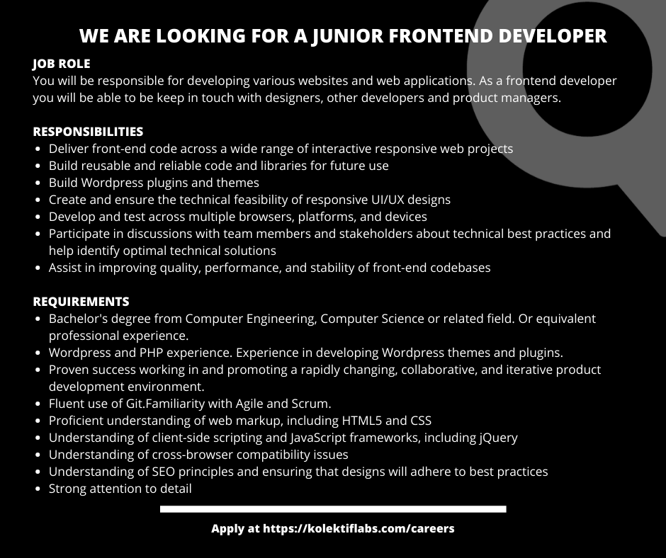 Gittikçe büyüyen KATALOQ ekibimize Junior Frontend Developer arıyoruz!
🔍Başvurular kolektiflabs.com/careers 'a!