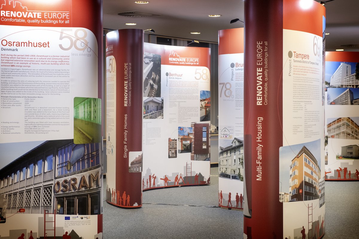 RenovateEurope's tweet photo. This was the central theme of #REDay2019, when we held an exhibition of best practice renovation projects in @Europarl_EN with the support of @CiaranCuffe, exhibiting some of the very best #energyrenovations in Europe - from Ireland, to Romania, & in between. #GreenDeal4Buildings https://t.co/WLn0UcGE4n