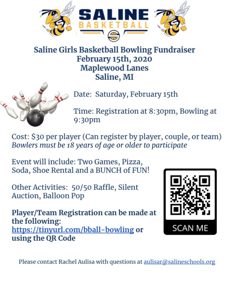 SalineHoops's tweet photo. Girls Basketball Bowling Fundraiser is February 15th! It’s a fun night out with friends or even a fun Valentines date night! Support our amazing athletes! Register at https://t.co/4I4bM2iMyO https://t.co/8FBiTyc4Lz