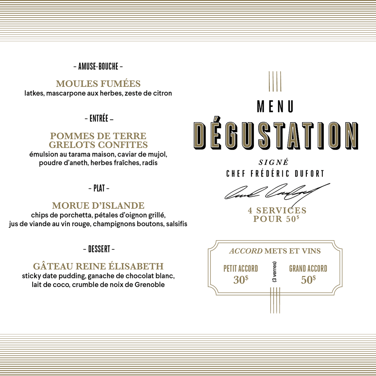 Nous avons un nouveau menu dégustation à vous présenter!
Découvrez les créations de notre Chef Frédéric Dufort
4 services pour 50$
Disponible dès ce soir!
🍷🍷🍷