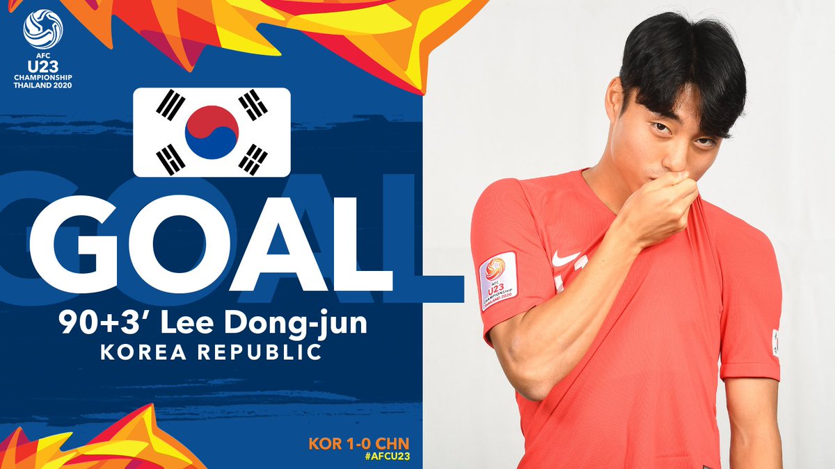 theafcdotcom's tweet photo. GOAL! | Korea Republic U23🇰🇷 1-0 China PR U23🇨🇳
⏲️ Just in time! Lee Dong-jun finds the back of the net for Korea Republic late on. #AFU23
Follow #KORvCHN LIVE 👉 https://t.co/IYnifHJBWI https://t.co/TwGTTBzh43