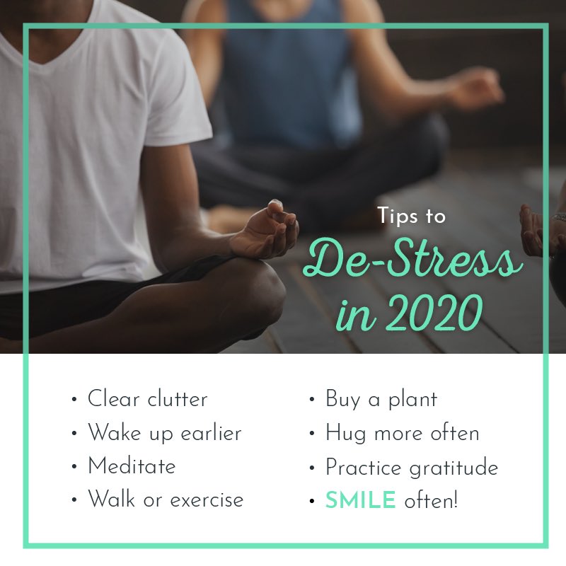 Tlcdentistry's tweet image. Tips to de-stress in 2020. #clearclutter  #wakeupearly #meditate #walk #exercise  #buyaplant #hugmoreoften #practicegratitude #smileoften