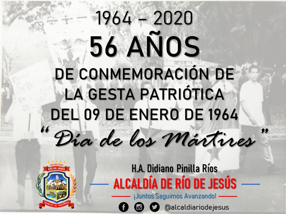 1964 - 2020.
Se conmemoran 56 años de la Gesta Patriótica del 9 de Enero de 1964, donde la voz de los panameños se hizo sentir.

#AlcaldiaRiodeJesus #JuntosSeguimosAvanzando
<a href="/311Panama/">311 Panamá</a> <a href="/AmupaOficial/">Asociación de Municipios de Panamá</a>
<a href="/alcaldespanama/">Gobiernos Locales Panamá</a> <a href="/RiodeJesus/">Río de Jesús - Veraguas</a> <a href="/didipinilla/">Didiano Pinilla Rios</a>